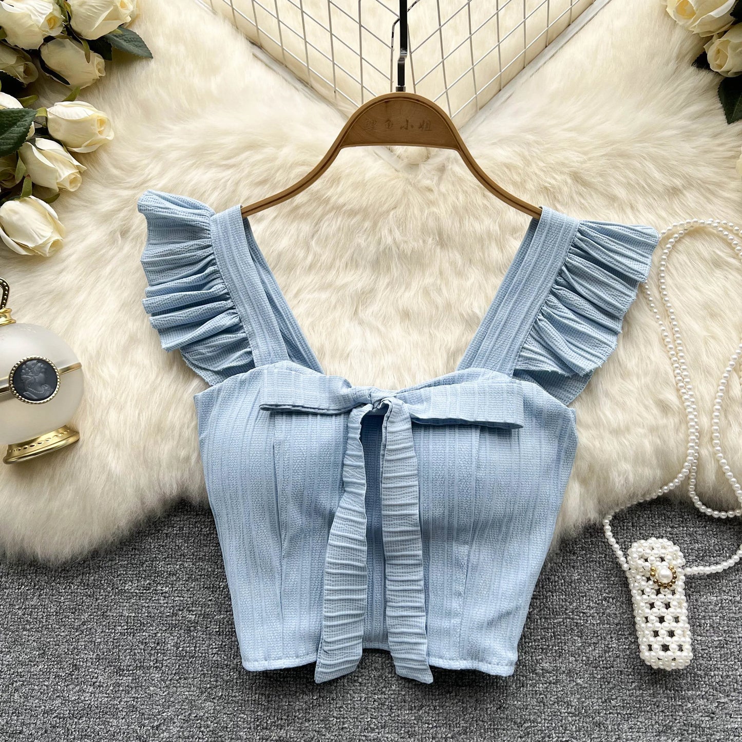 SINGREINY Women's Summer Solid Ruffled Camisole with Square Neck and Sleeveless Design, Bow Detail, and Elastic Waist - Elegant Korean-Inspired Short Tank Top