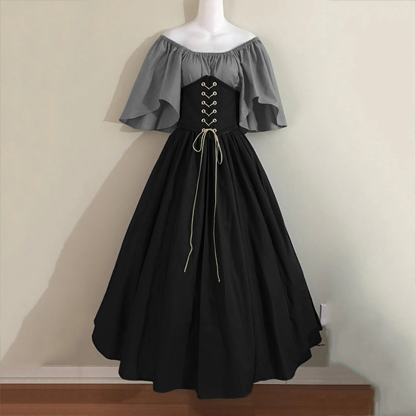 Women's Plus Size Renaissance Faire Dresses - Medieval Irish Traditional Corset Gown with Ruffle Overlay for Retro Cosplay