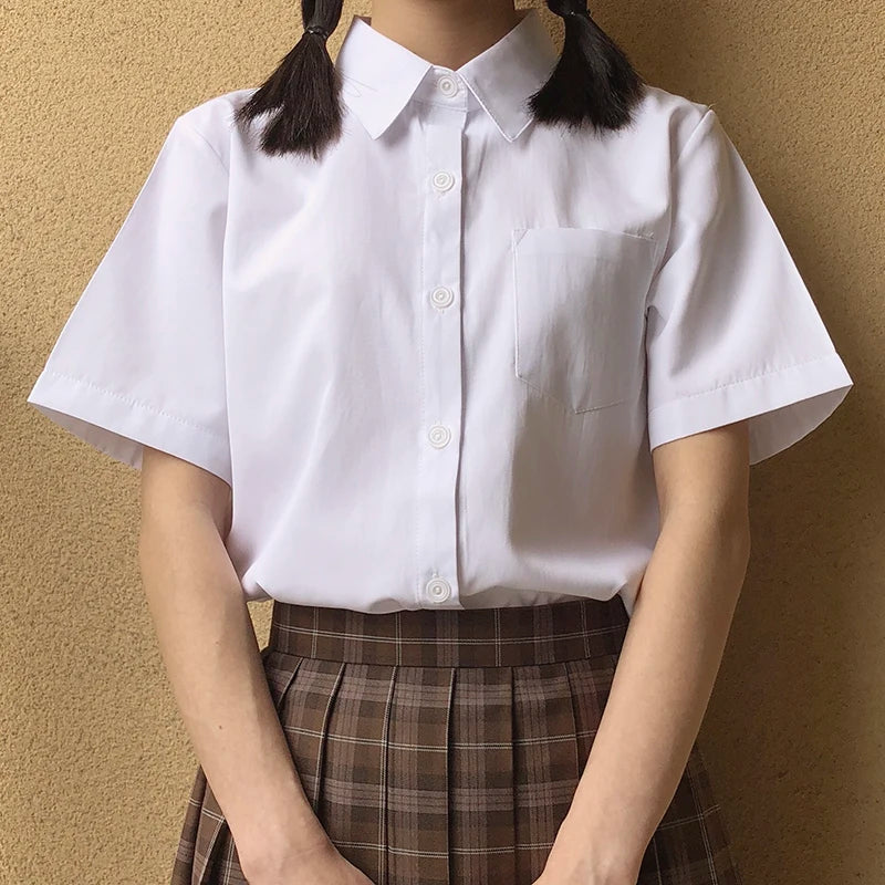 Japanese High School Short-Sleeve Uniform Shirt with Square Collar in White