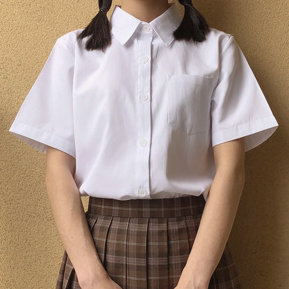 Japanese High School Short-Sleeve Uniform Shirt with Square Collar in White