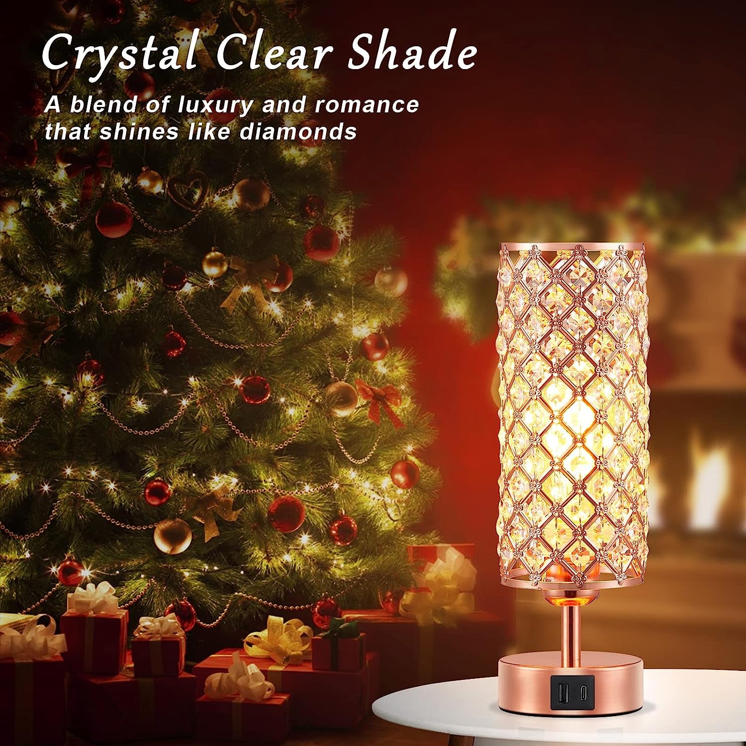 Pink Crystal Table Lamp, 3 Way Dimmable Touch Lamps for Night Stands | Rose Gold, Touch Control, USB C+A Charging Port, Desk Lamps for Girls Bedroom, Living Room, Home Office, Room Decor