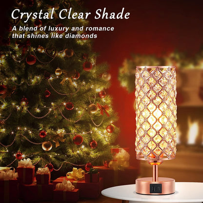 Pink Crystal Table Lamp, 3 Way Dimmable Touch Lamps for Night Stands | Rose Gold, Touch Control, USB C+A Charging Port, Desk Lamps for Girls Bedroom, Living Room, Home Office, Room Decor