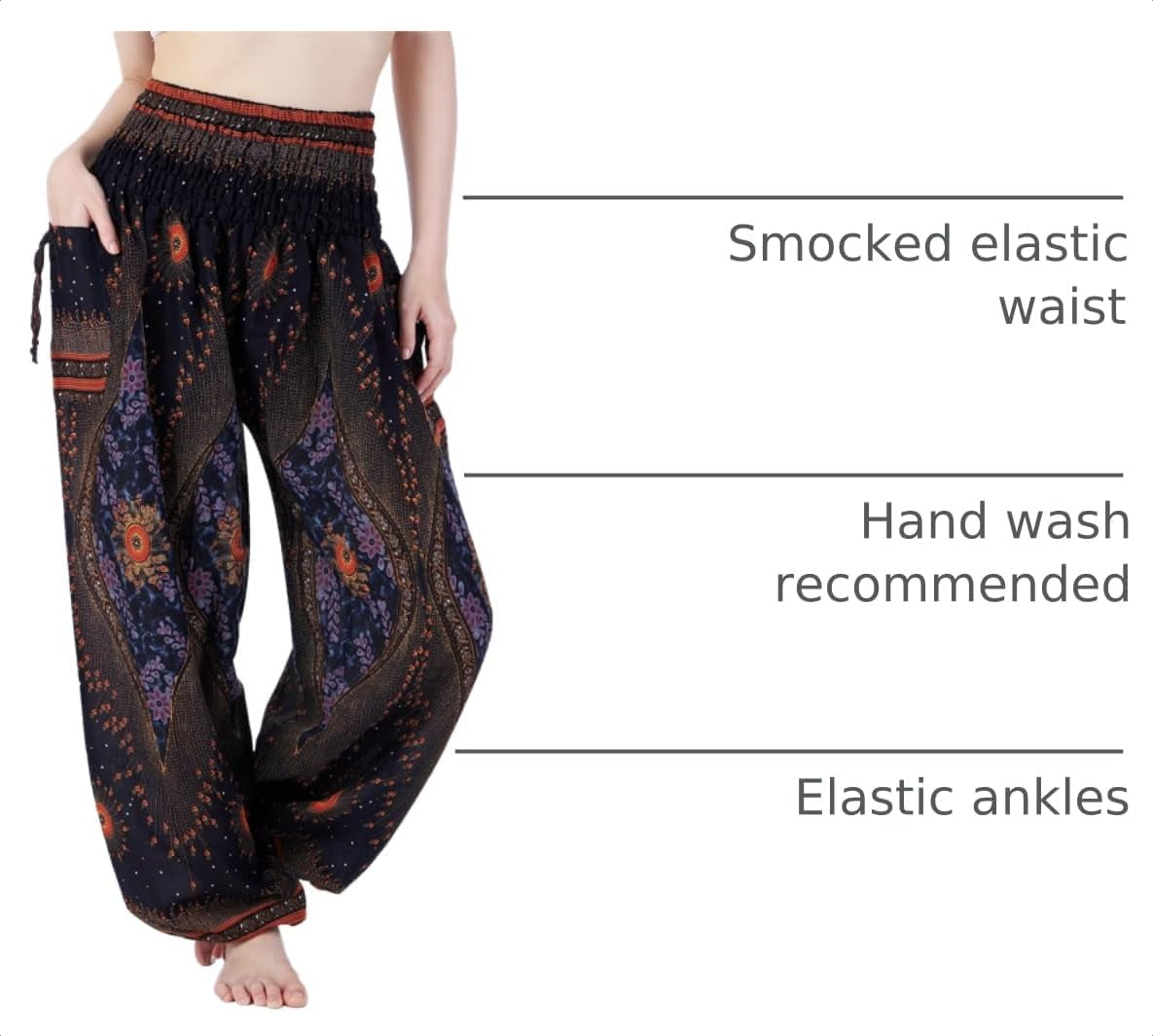 Boho Harem Pants Women | Smocked Elastic Waist and Ankles, Two Side Pockets, Breathable 100% Rayon, Flowy Fit, Yoga, Beach & Travel, Hippie Clothes