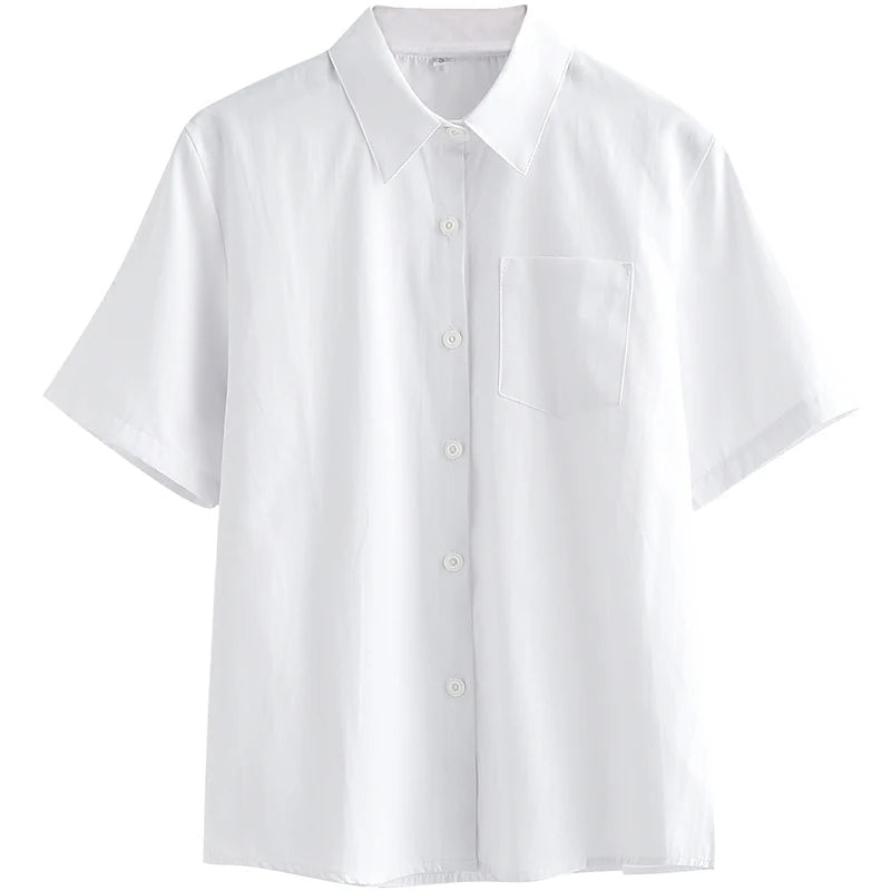 Japanese High School Short-Sleeve Uniform Shirt with Square Collar in White