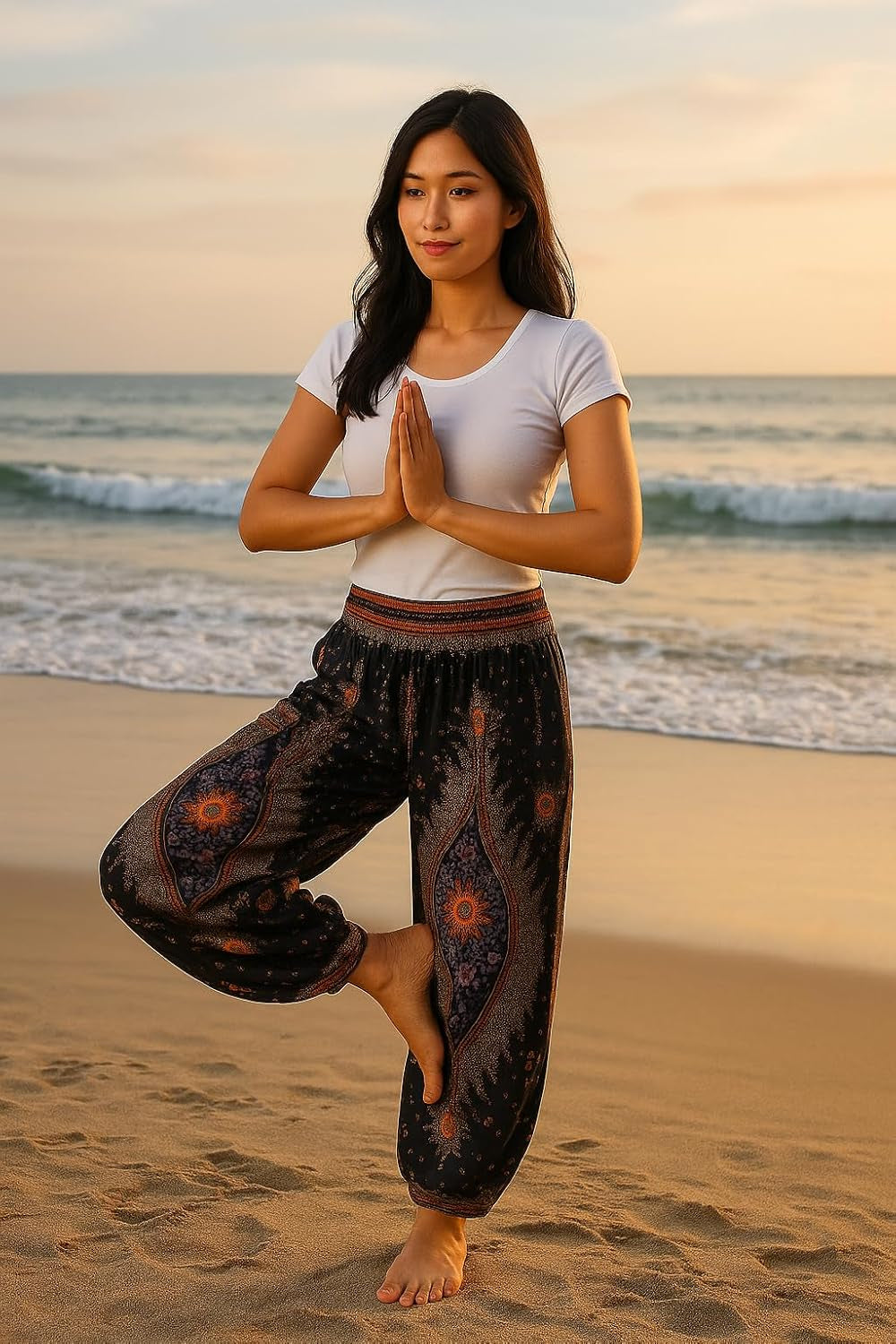 Boho Harem Pants Women | Smocked Elastic Waist and Ankles, Two Side Pockets, Breathable 100% Rayon, Flowy Fit, Yoga, Beach & Travel, Hippie Clothes