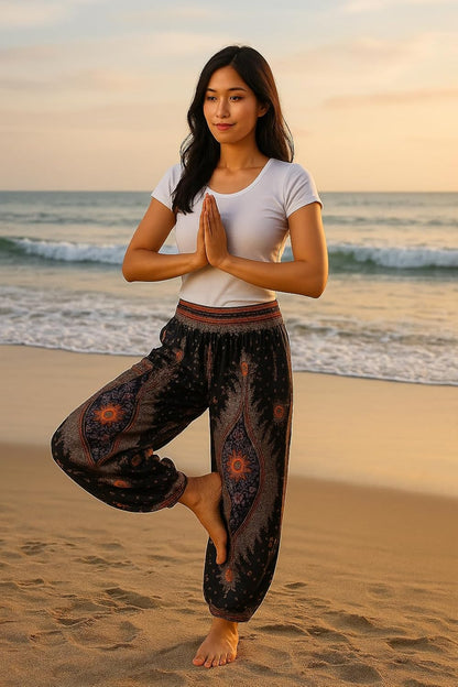 Boho Harem Pants Women | Smocked Elastic Waist and Ankles, Two Side Pockets, Breathable 100% Rayon, Flowy Fit, Yoga, Beach & Travel, Hippie Clothes