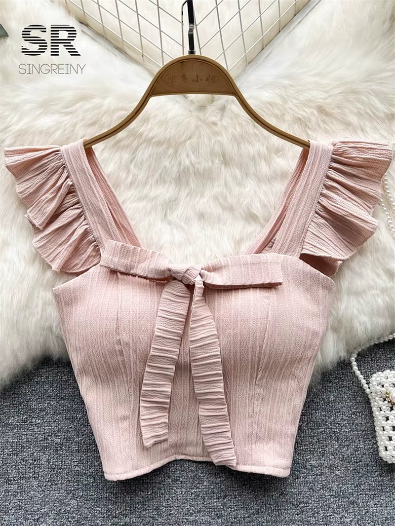 SINGREINY Women's Summer Solid Ruffled Camisole with Square Neck and Sleeveless Design, Bow Detail, and Elastic Waist - Elegant Korean-Inspired Short Tank Top
