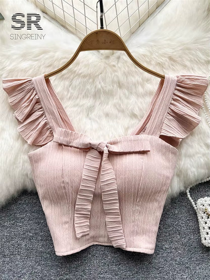 SINGREINY Women's Summer Solid Ruffled Camisole with Square Neck and Sleeveless Design, Bow Detail, and Elastic Waist - Elegant Korean-Inspired Short Tank Top