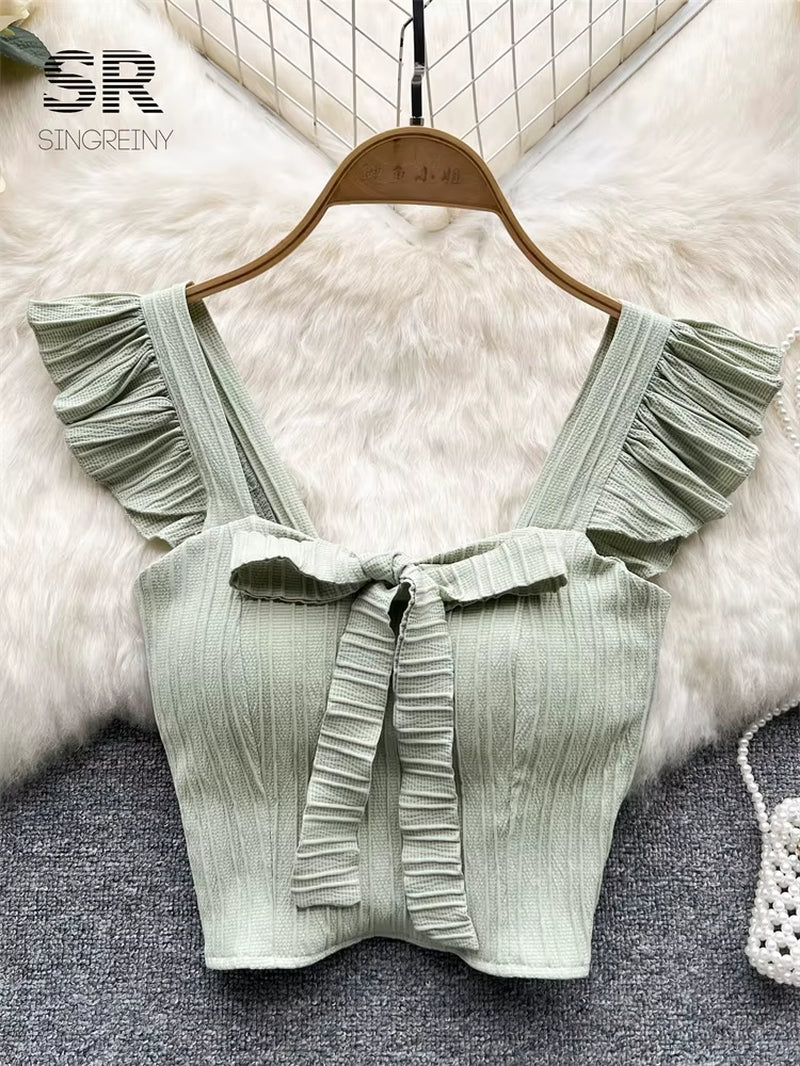 SINGREINY Women's Summer Solid Ruffled Camisole with Square Neck and Sleeveless Design, Bow Detail, and Elastic Waist - Elegant Korean-Inspired Short Tank Top