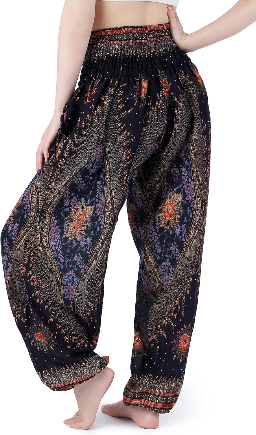 Boho Harem Pants Women | Smocked Elastic Waist and Ankles, Two Side Pockets, Breathable 100% Rayon, Flowy Fit, Yoga, Beach & Travel, Hippie Clothes
