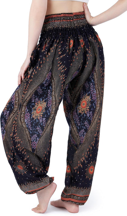 Boho Harem Pants Women | Smocked Elastic Waist and Ankles, Two Side Pockets, Breathable 100% Rayon, Flowy Fit, Yoga, Beach & Travel, Hippie Clothes