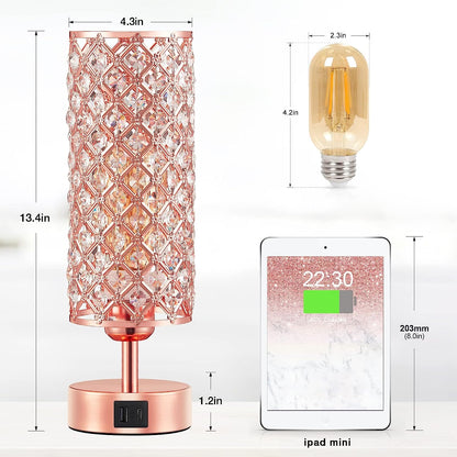 Pink Crystal Table Lamp, 3 Way Dimmable Touch Lamps for Night Stands | Rose Gold, Touch Control, USB C+A Charging Port, Desk Lamps for Girls Bedroom, Living Room, Home Office, Room Decor