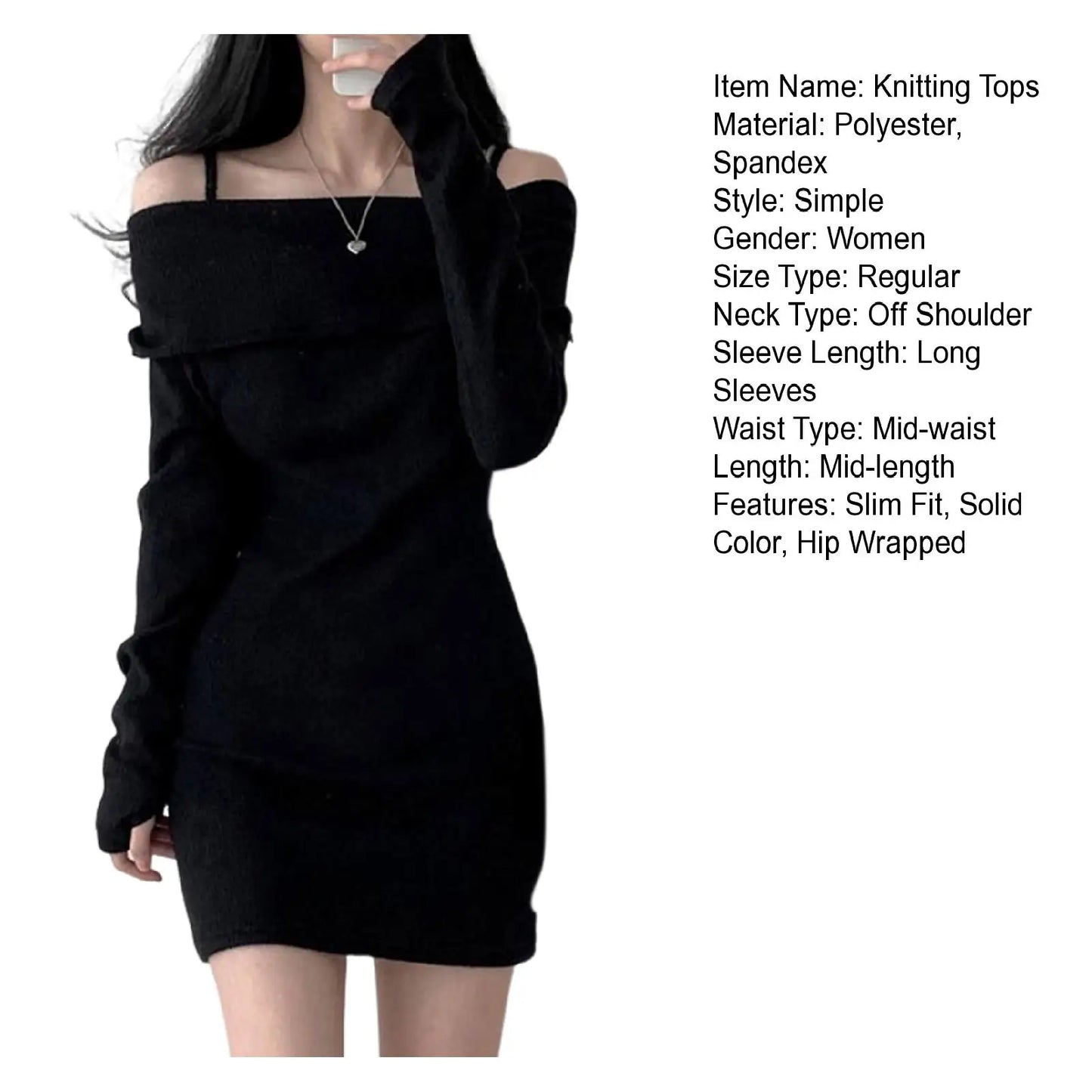 Women's Spring Fashion Cold Shoulder Lantern Sleeve Casual Plain Long Sleeve Mini Knit Sweater Dress