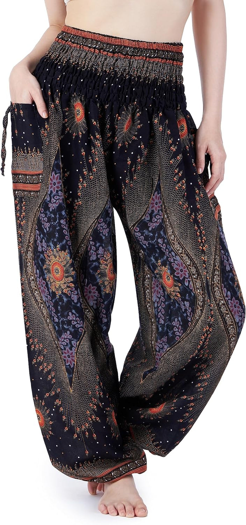Boho Harem Pants Women | Smocked Elastic Waist and Ankles, Two Side Pockets, Breathable 100% Rayon, Flowy Fit, Yoga, Beach & Travel, Hippie Clothes