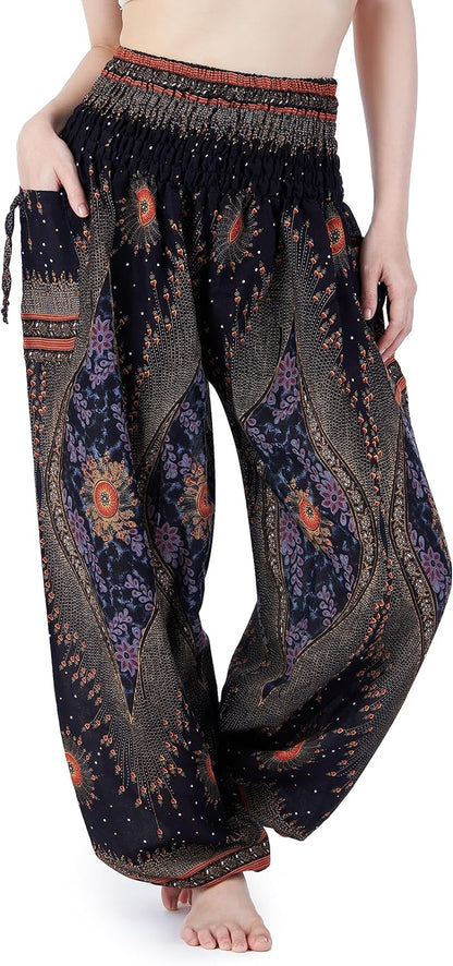 Boho Harem Pants Women | Smocked Elastic Waist and Ankles, Two Side Pockets, Breathable 100% Rayon, Flowy Fit, Yoga, Beach & Travel, Hippie Clothes
