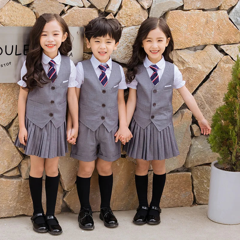 Children's Korean School Uniform Set for Boys and Girls - Pleated Skirt and Vest Top Performance Clothing for Students
