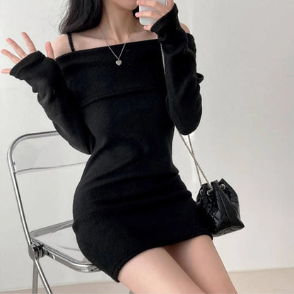 Women's Spring Fashion Cold Shoulder Lantern Sleeve Casual Plain Long Sleeve Mini Knit Sweater Dress