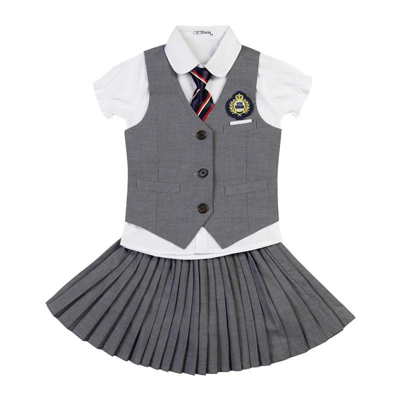 Children's Korean School Uniform Set for Boys and Girls - Pleated Skirt and Vest Top Performance Clothing for Students