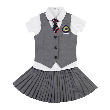 Children's Korean School Uniform Set for Boys and Girls - Pleated Skirt and Vest Top Performance Clothing for Students