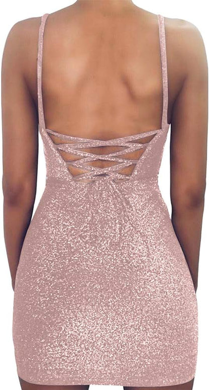 Women's Glitter Bandage Bodycon Wrap Dress - Sleeveless Mini for Club and Party Events