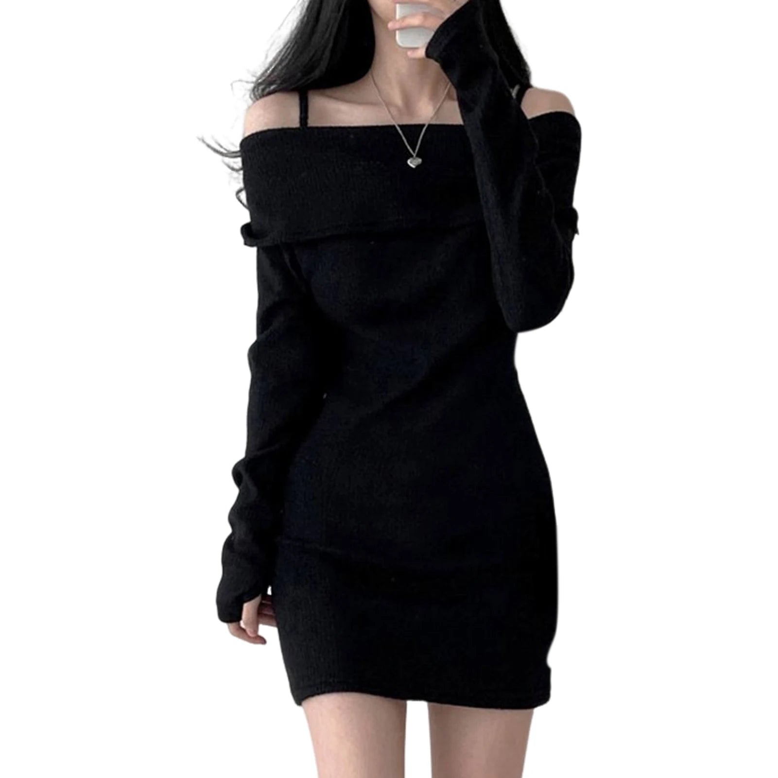 Women's Spring Fashion Cold Shoulder Lantern Sleeve Casual Plain Long Sleeve Mini Knit Sweater Dress