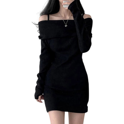 Women's Spring Fashion Cold Shoulder Lantern Sleeve Casual Plain Long Sleeve Mini Knit Sweater Dress