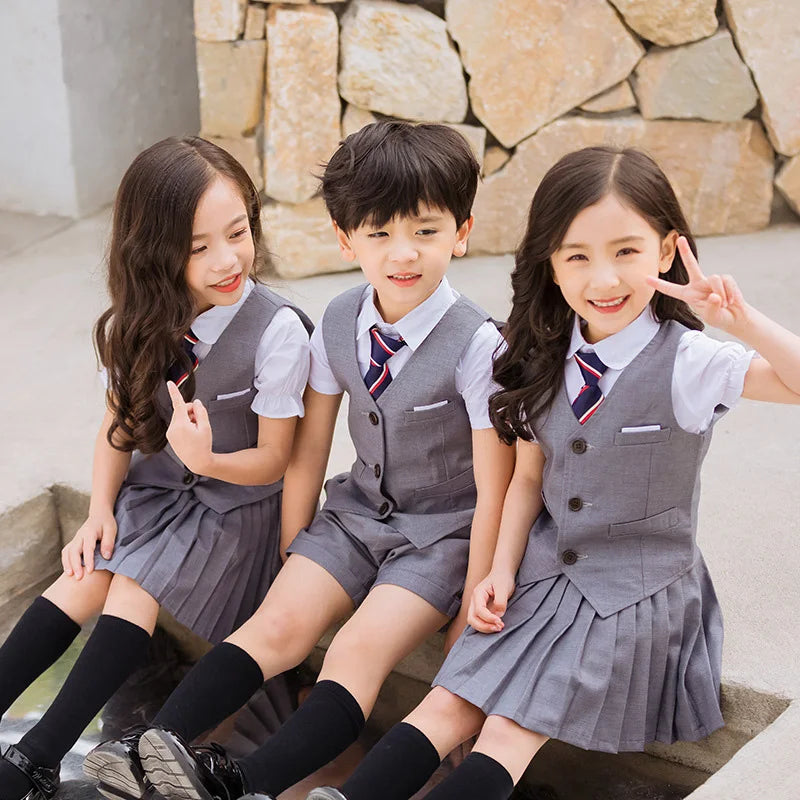 Children's Korean School Uniform Set for Boys and Girls - Pleated Skirt and Vest Top Performance Clothing for Students