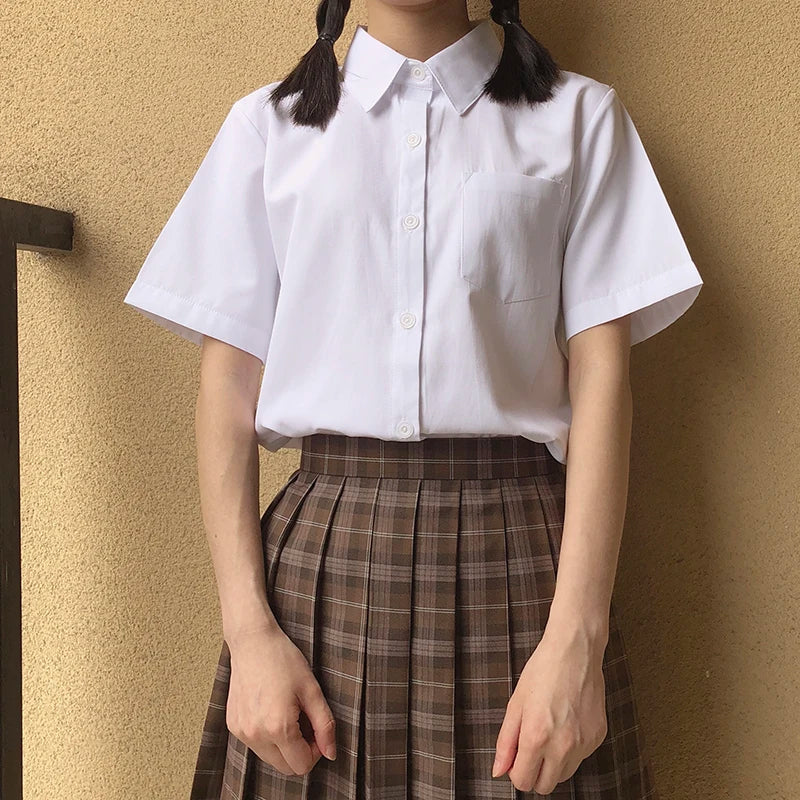 Japanese High School Short-Sleeve Uniform Shirt with Square Collar in White