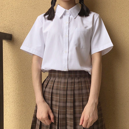Japanese High School Short-Sleeve Uniform Shirt with Square Collar in White