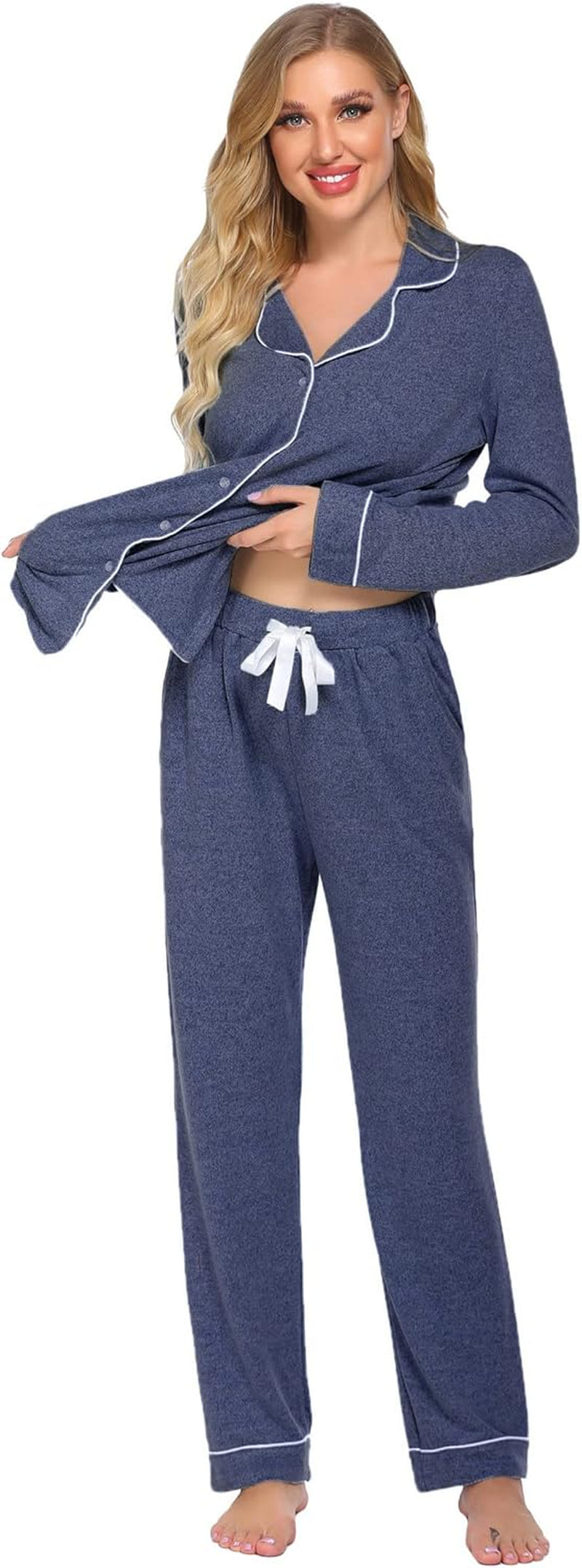 Women's Long Sleeve Pajama Set - Casual Button-Down Loungewear, Soft Sleepwear with Notch Collar, Elastic Waist Pants, Side Pockets, Adjustable Drawstring, Ideal for Maternity and Postpartum