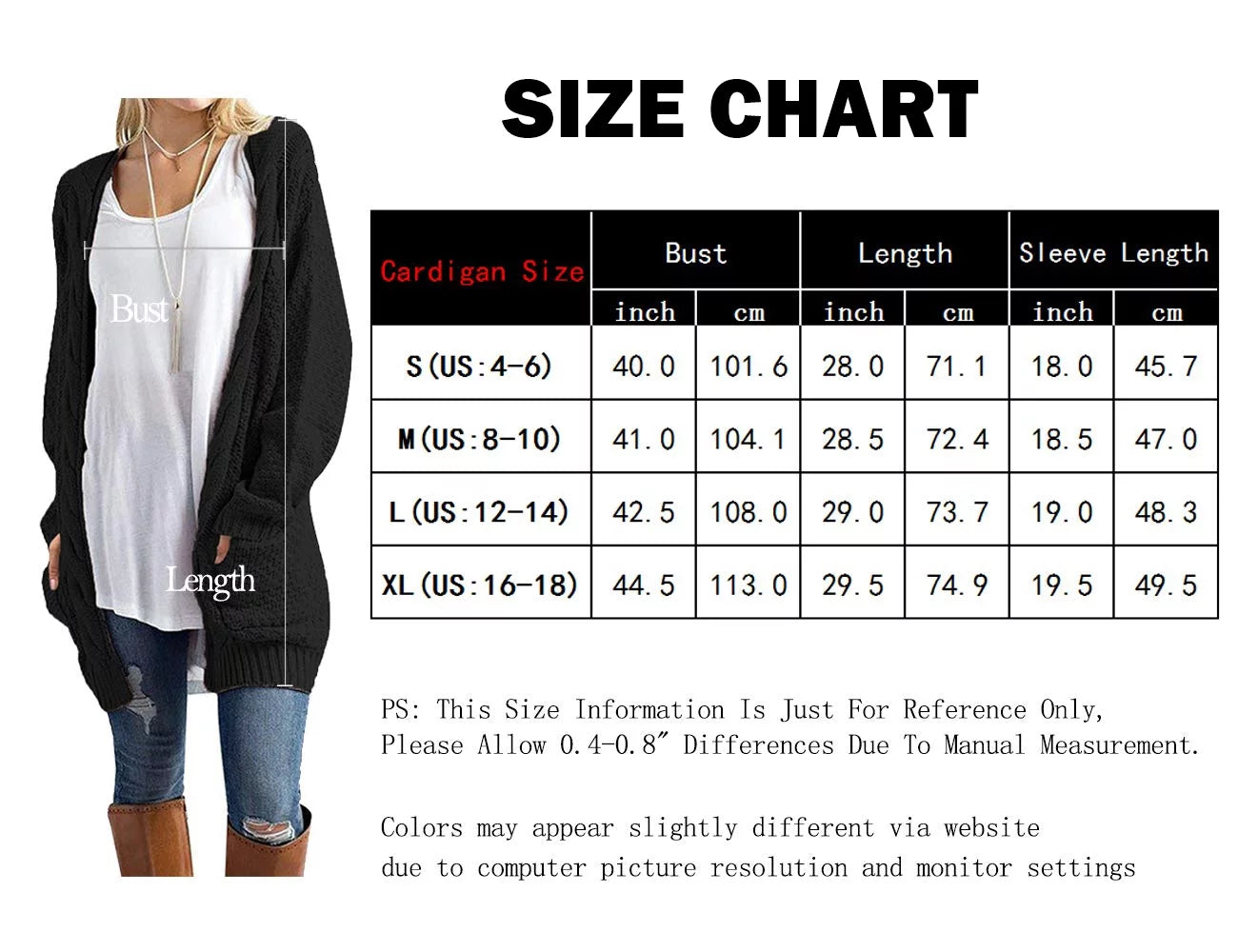 Chunky Cable Knit Women's Cardigan Sweater with Pockets, Sizes S-XXL