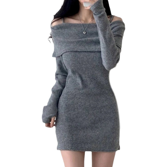 Women's Spring Fashion Cold Shoulder Lantern Sleeve Casual Plain Long Sleeve Mini Knit Sweater Dress