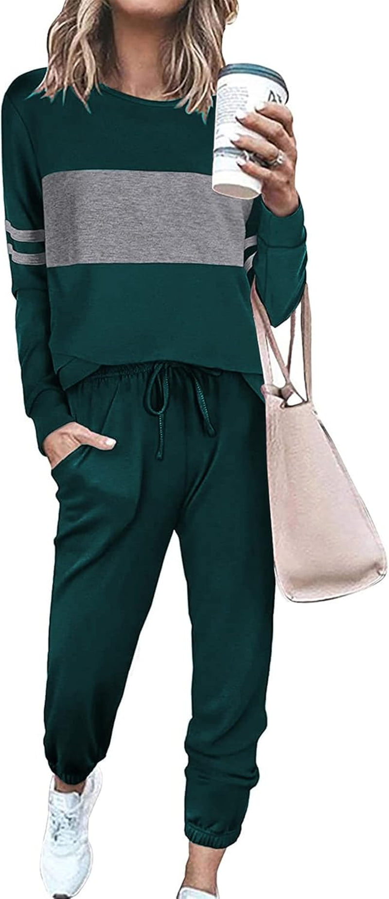 Women's Color Block 2-Piece Tracksuit Set | Long Sleeve Top and Drawstring Jogger Pants with Side Pockets | Casual Loungewear for Fall Travel