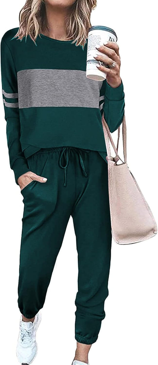 Women's Color Block 2-Piece Tracksuit Set | Long Sleeve Top and Drawstring Jogger Pants with Side Pockets | Casual Loungewear for Fall Travel