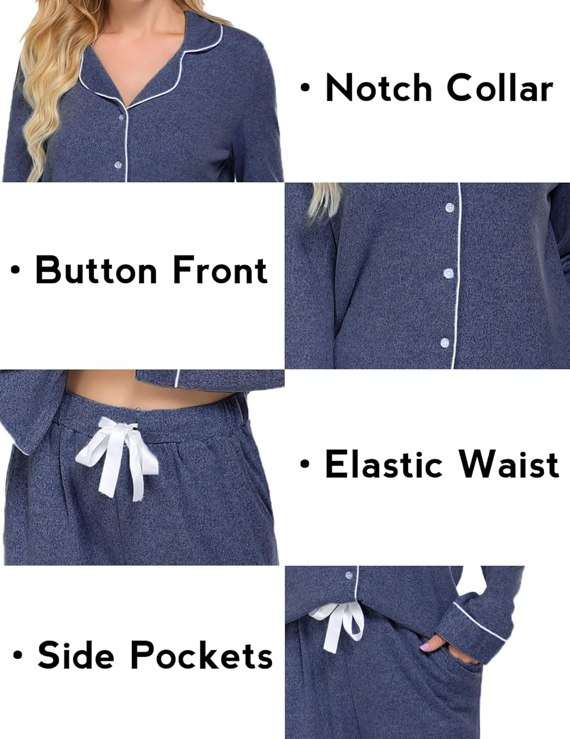 Women's Long Sleeve Pajama Set - Casual Button-Down Loungewear, Soft Sleepwear with Notch Collar, Elastic Waist Pants, Side Pockets, Adjustable Drawstring, Ideal for Maternity and Postpartum
