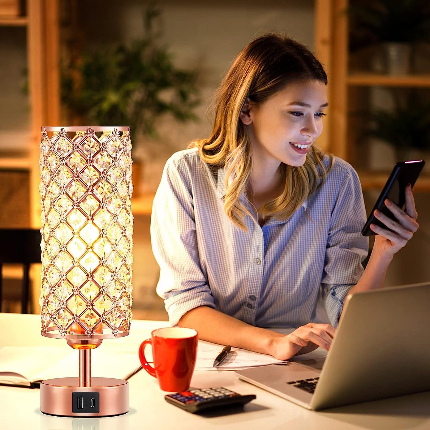 Pink Crystal Table Lamp, 3 Way Dimmable Touch Lamps for Night Stands | Rose Gold, Touch Control, USB C+A Charging Port, Desk Lamps for Girls Bedroom, Living Room, Home Office, Room Decor