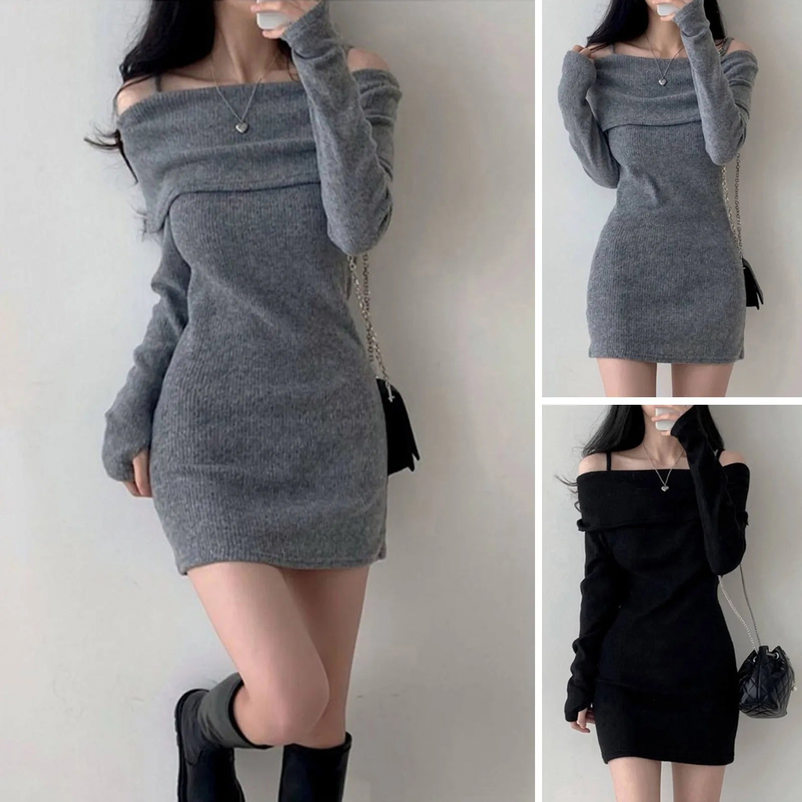 Women's Spring Fashion Cold Shoulder Lantern Sleeve Casual Plain Long Sleeve Mini Knit Sweater Dress