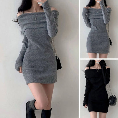 Women's Spring Fashion Cold Shoulder Lantern Sleeve Casual Plain Long Sleeve Mini Knit Sweater Dress