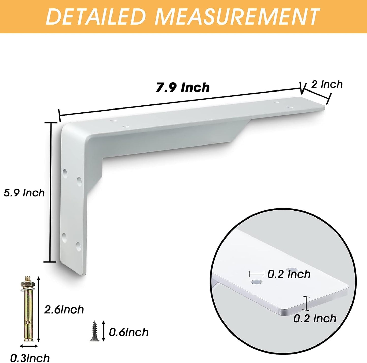 Countertop Support Brackets Heavy Duty, 8" X 6" Max Load 365 Lb 5 Mm Thick Iron Industrial Shelf Brackets, White Metal Farmhouse Wall Mounted Floating L Support for Hanging DIY Open Shelving