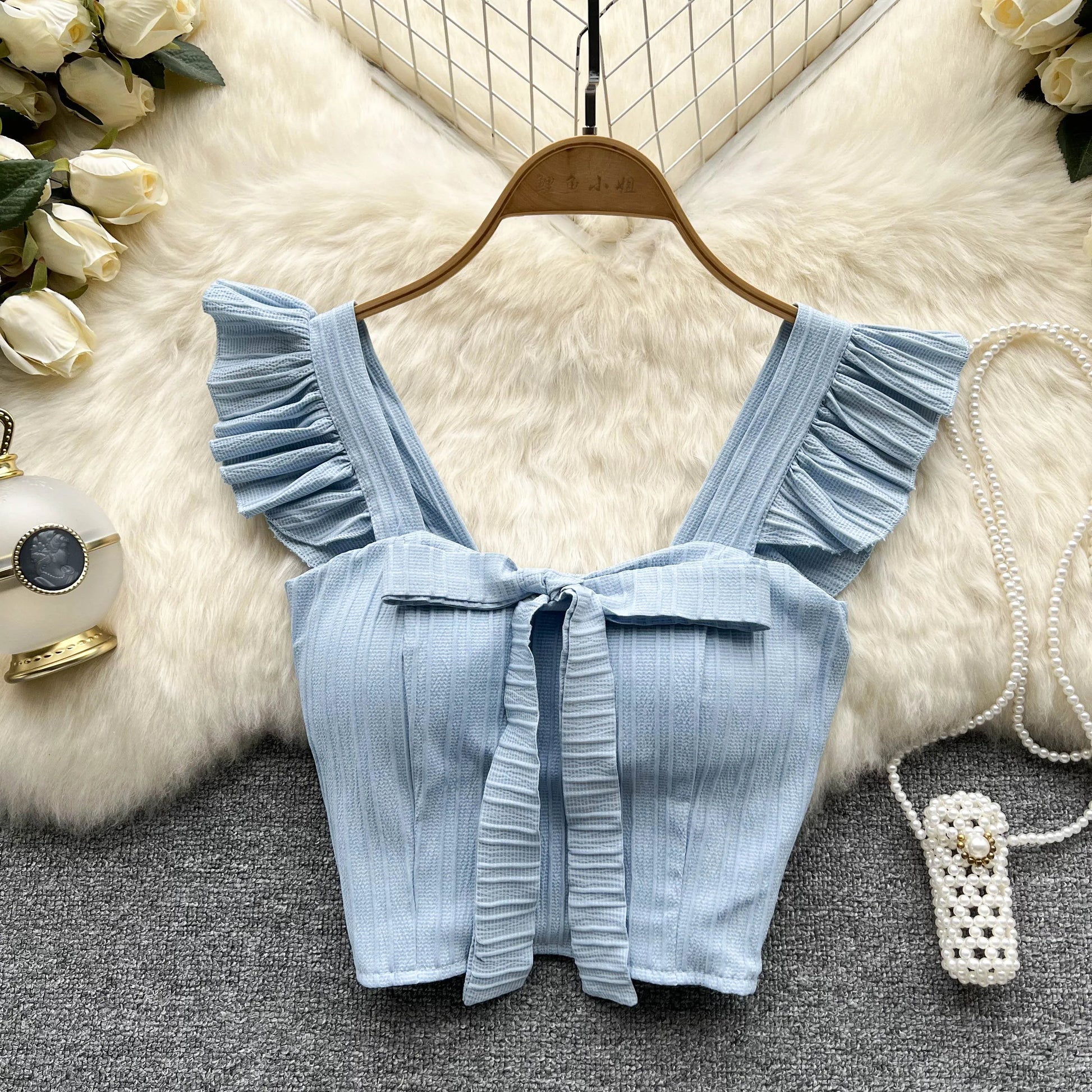 SINGREINY Women's Summer Solid Ruffled Camisole with Square Neck and Sleeveless Design, Bow Detail, and Elastic Waist - Elegant Korean-Inspired Short Tank Top