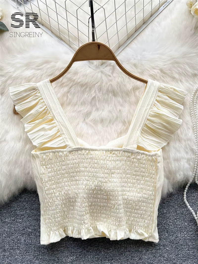 SINGREINY Women's Summer Solid Ruffled Camisole with Square Neck and Sleeveless Design, Bow Detail, and Elastic Waist - Elegant Korean-Inspired Short Tank Top