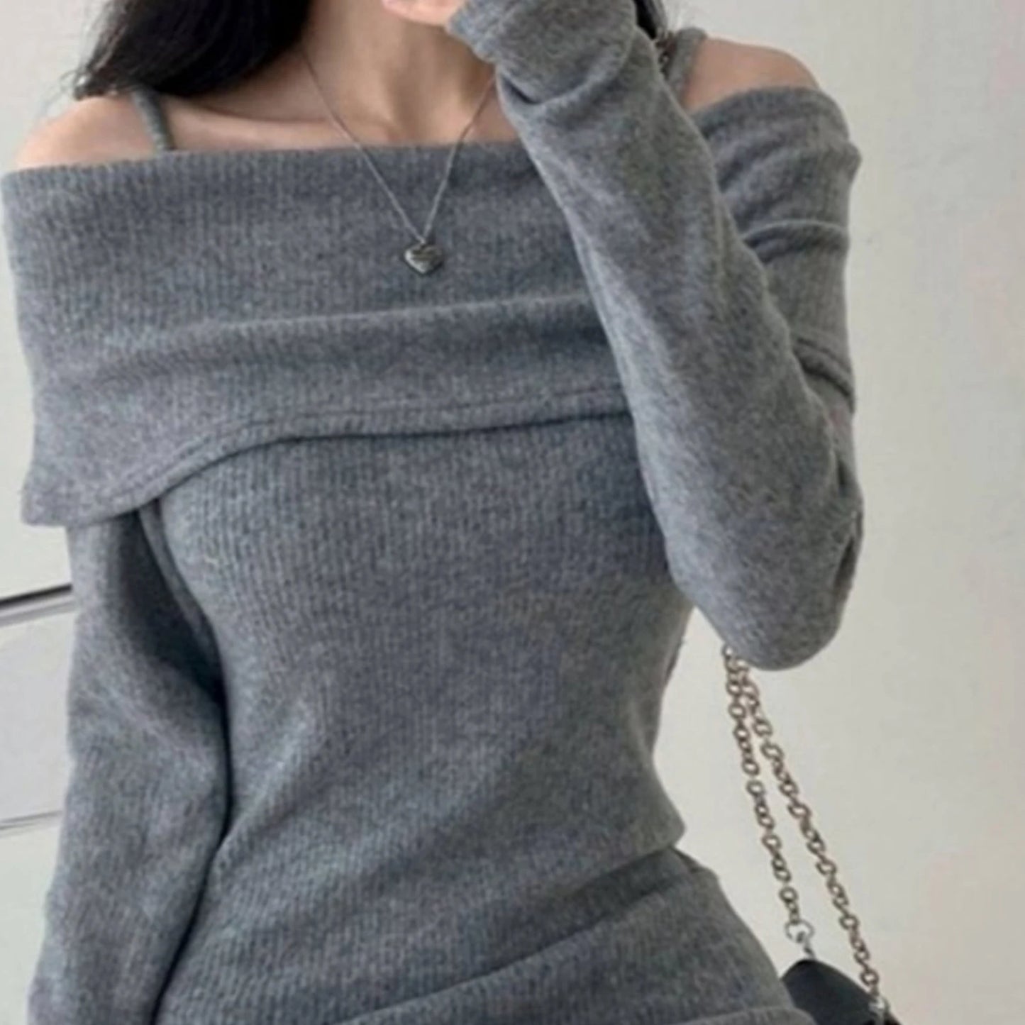 Women's Spring Fashion Cold Shoulder Lantern Sleeve Casual Plain Long Sleeve Mini Knit Sweater Dress