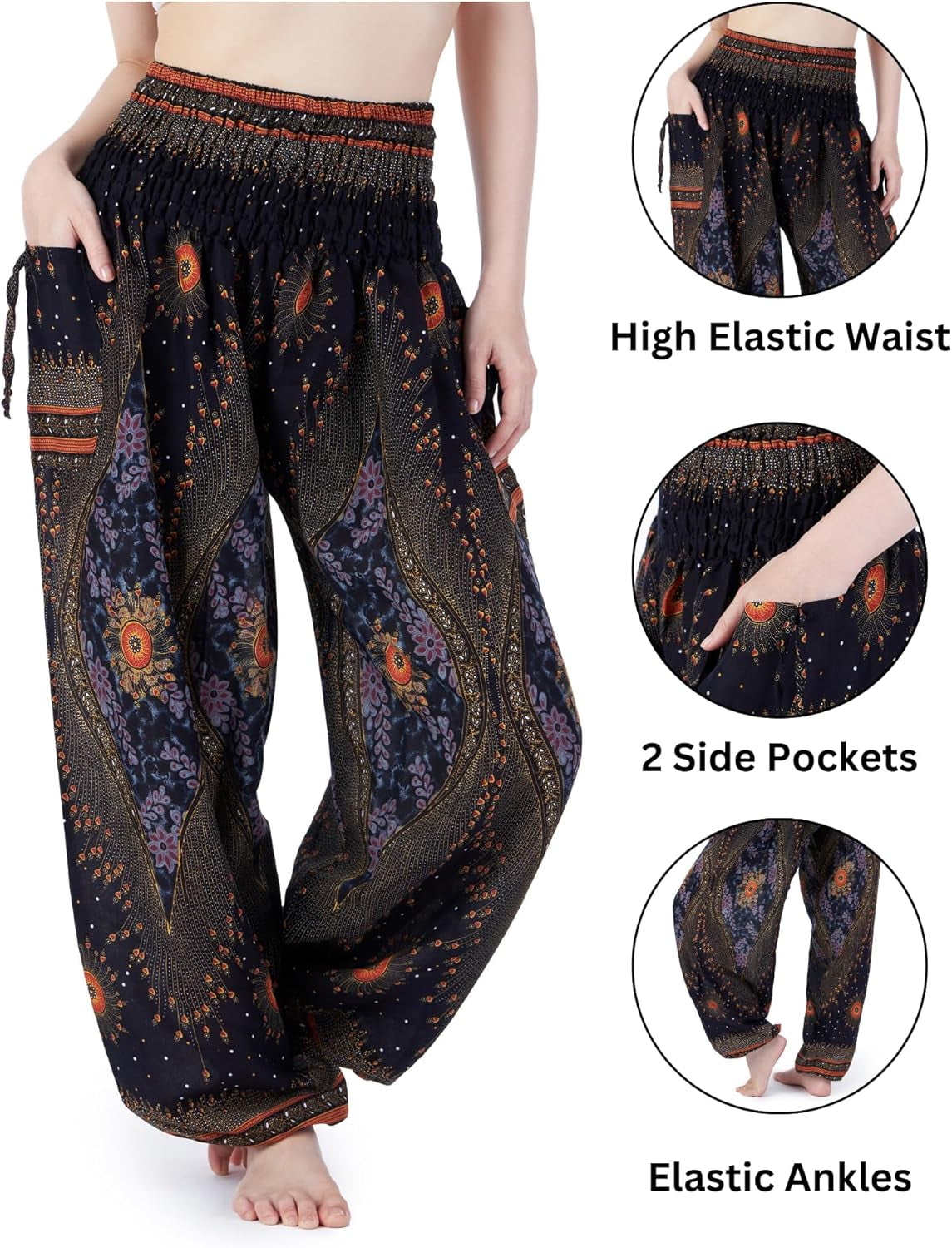 Boho Harem Pants Women | Smocked Elastic Waist and Ankles, Two Side Pockets, Breathable 100% Rayon, Flowy Fit, Yoga, Beach & Travel, Hippie Clothes