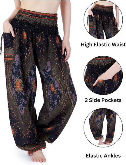 Boho Harem Pants Women | Smocked Elastic Waist and Ankles, Two Side Pockets, Breathable 100% Rayon, Flowy Fit, Yoga, Beach & Travel, Hippie Clothes