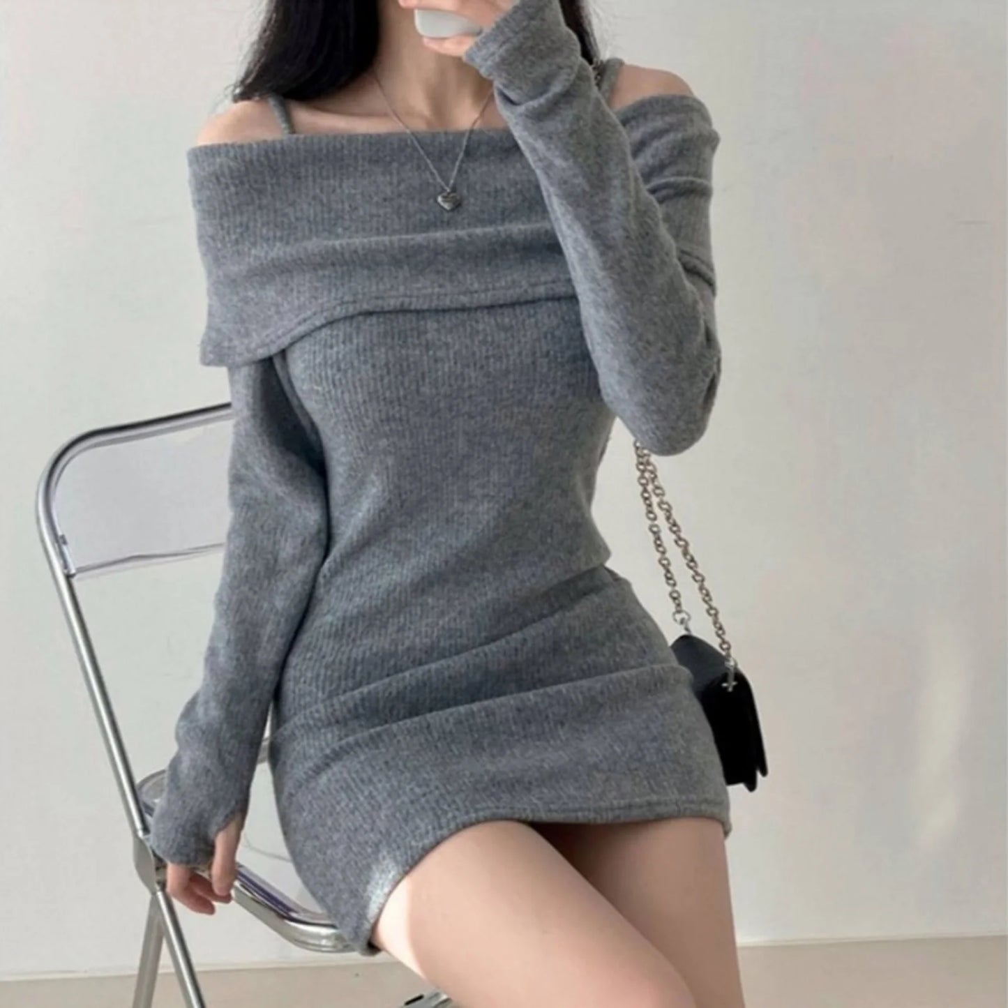 Women's Spring Fashion Cold Shoulder Lantern Sleeve Casual Plain Long Sleeve Mini Knit Sweater Dress