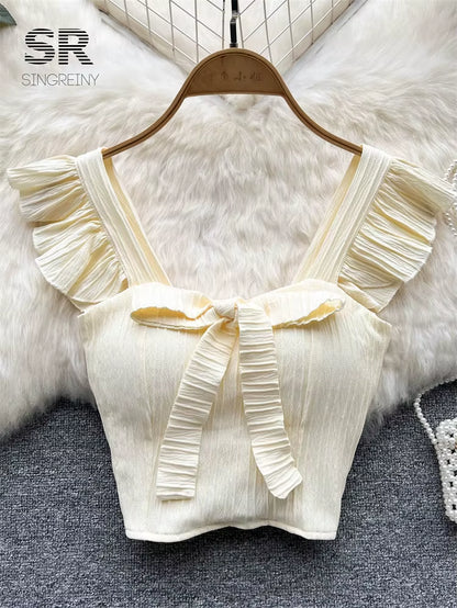 SINGREINY Women's Summer Solid Ruffled Camisole with Square Neck and Sleeveless Design, Bow Detail, and Elastic Waist - Elegant Korean-Inspired Short Tank Top