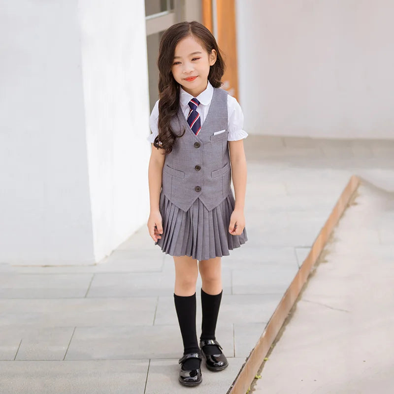 Children's Korean School Uniform Set for Boys and Girls - Pleated Skirt and Vest Top Performance Clothing for Students