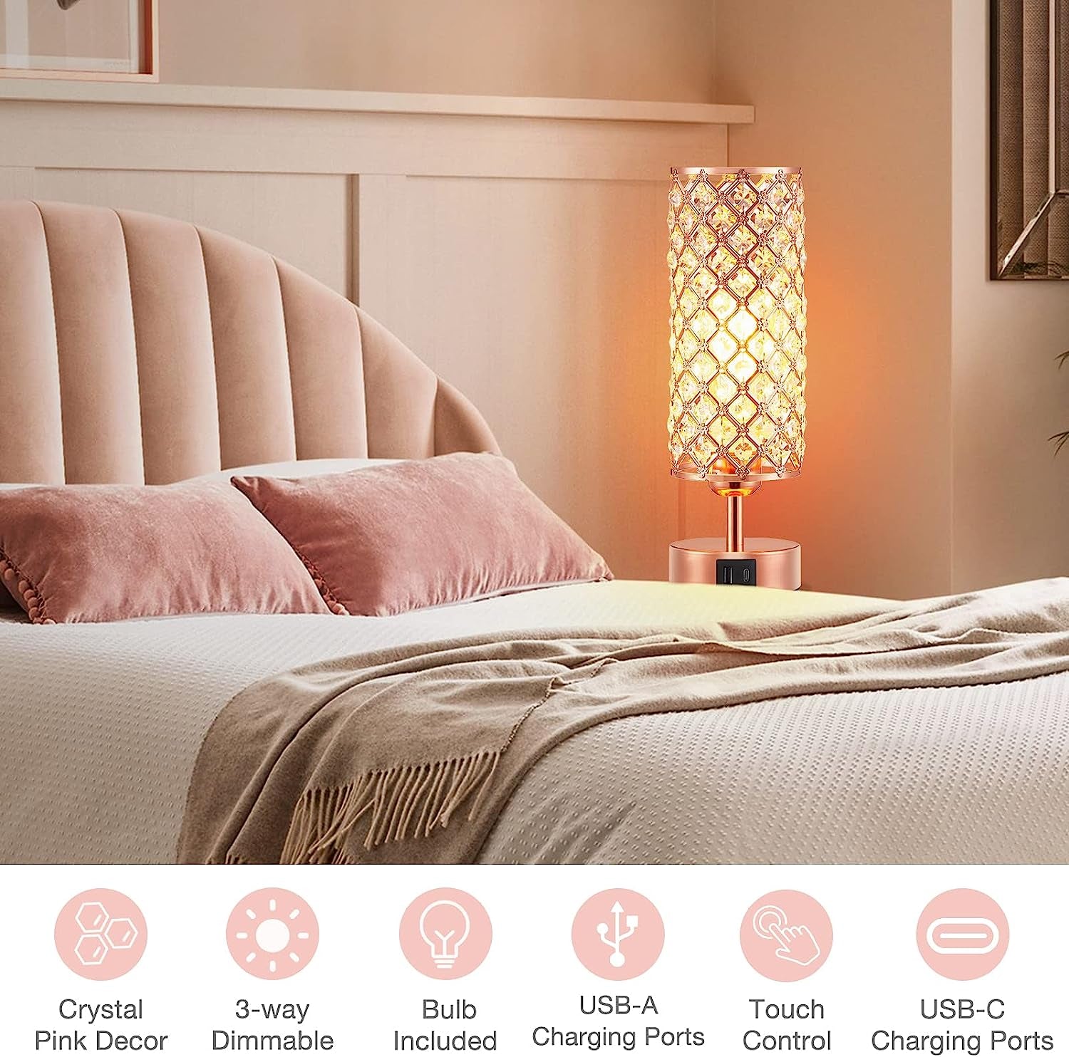 Pink Crystal Table Lamp, 3 Way Dimmable Touch Lamps for Night Stands | Rose Gold, Touch Control, USB C+A Charging Port, Desk Lamps for Girls Bedroom, Living Room, Home Office, Room Decor
