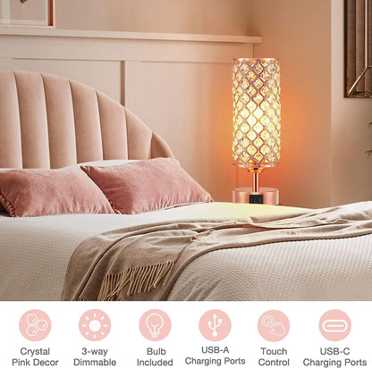 Pink Crystal Table Lamp, 3 Way Dimmable Touch Lamps for Night Stands | Rose Gold, Touch Control, USB C+A Charging Port, Desk Lamps for Girls Bedroom, Living Room, Home Office, Room Decor