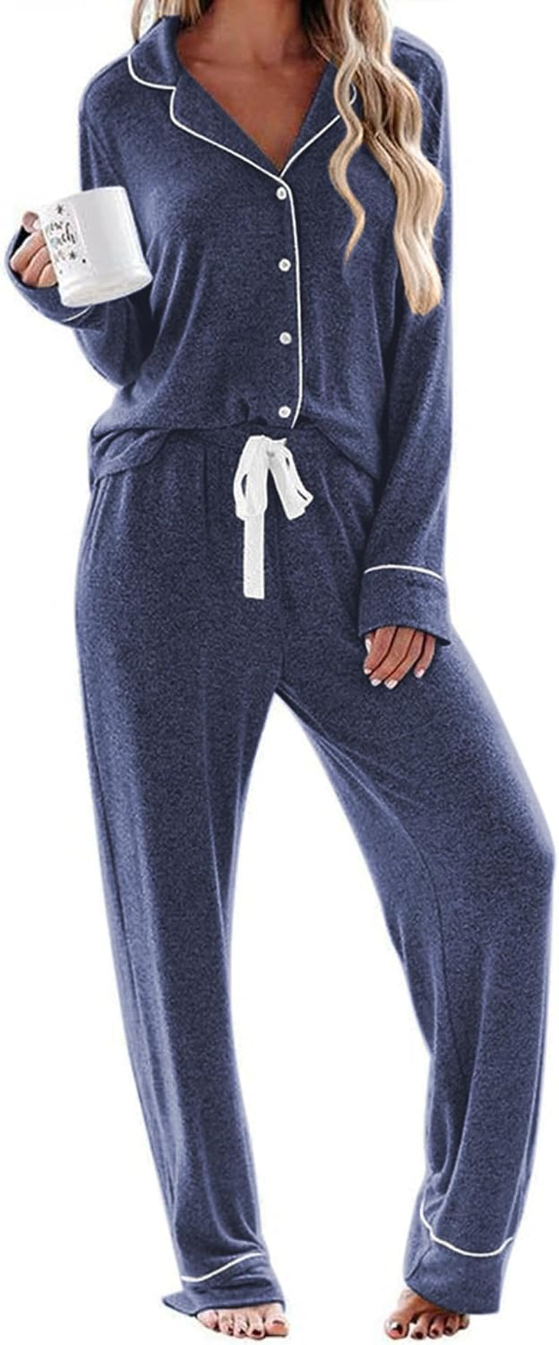 Women's Long Sleeve Pajama Set - Casual Button-Down Loungewear, Soft Sleepwear with Notch Collar, Elastic Waist Pants, Side Pockets, Adjustable Drawstring, Ideal for Maternity and Postpartum
